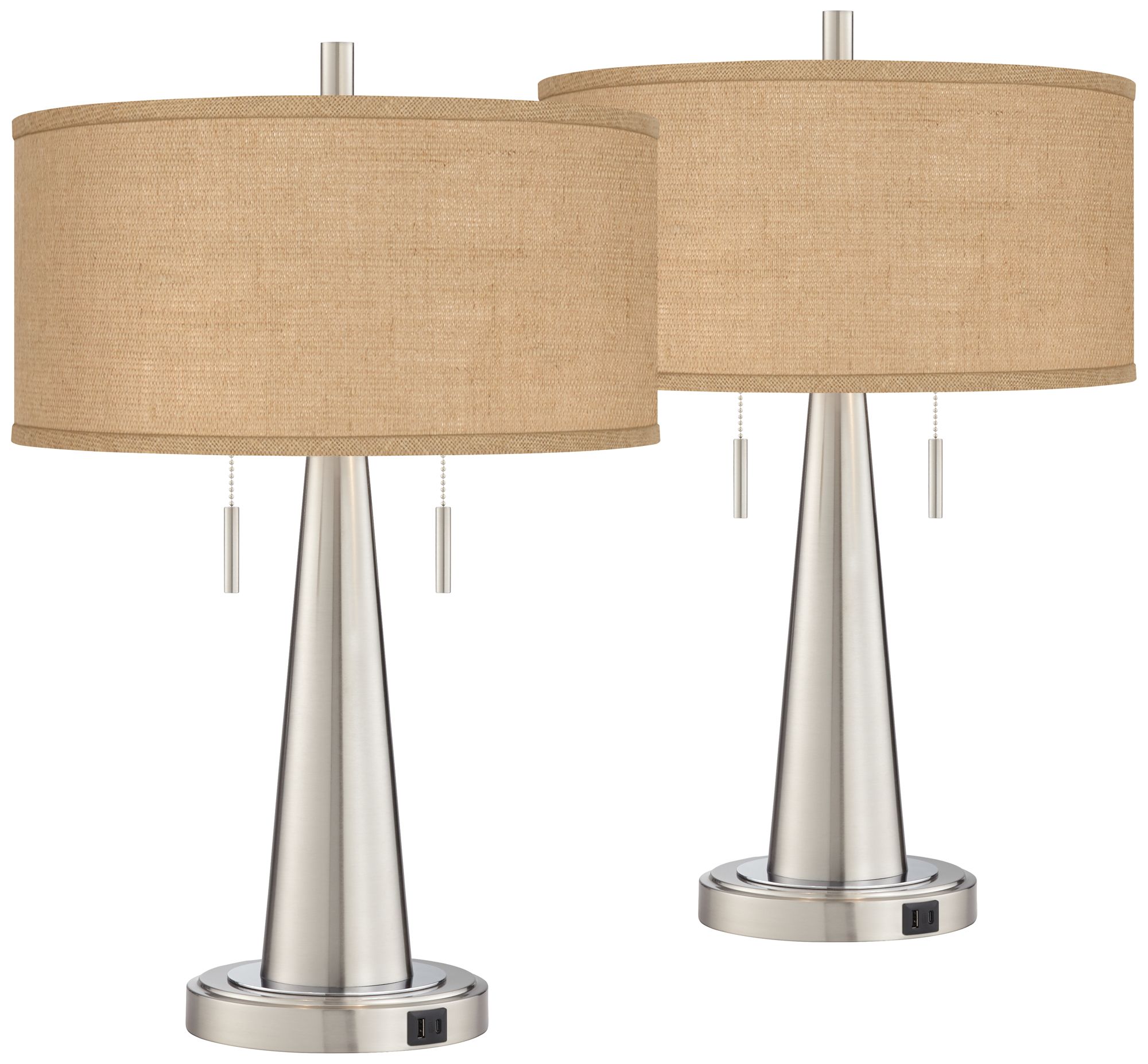 Burlap Shade Vicki Brushed Nickel USB Table Lamps Set of 2