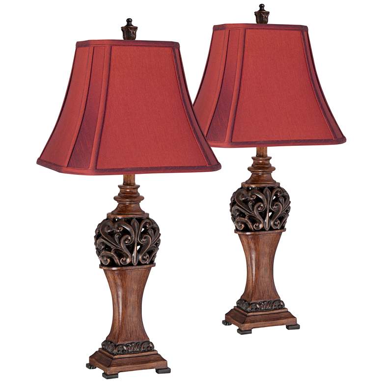 Exeter 30&quot; High Wood Finish Crimson Red Table Lamps Set of 2