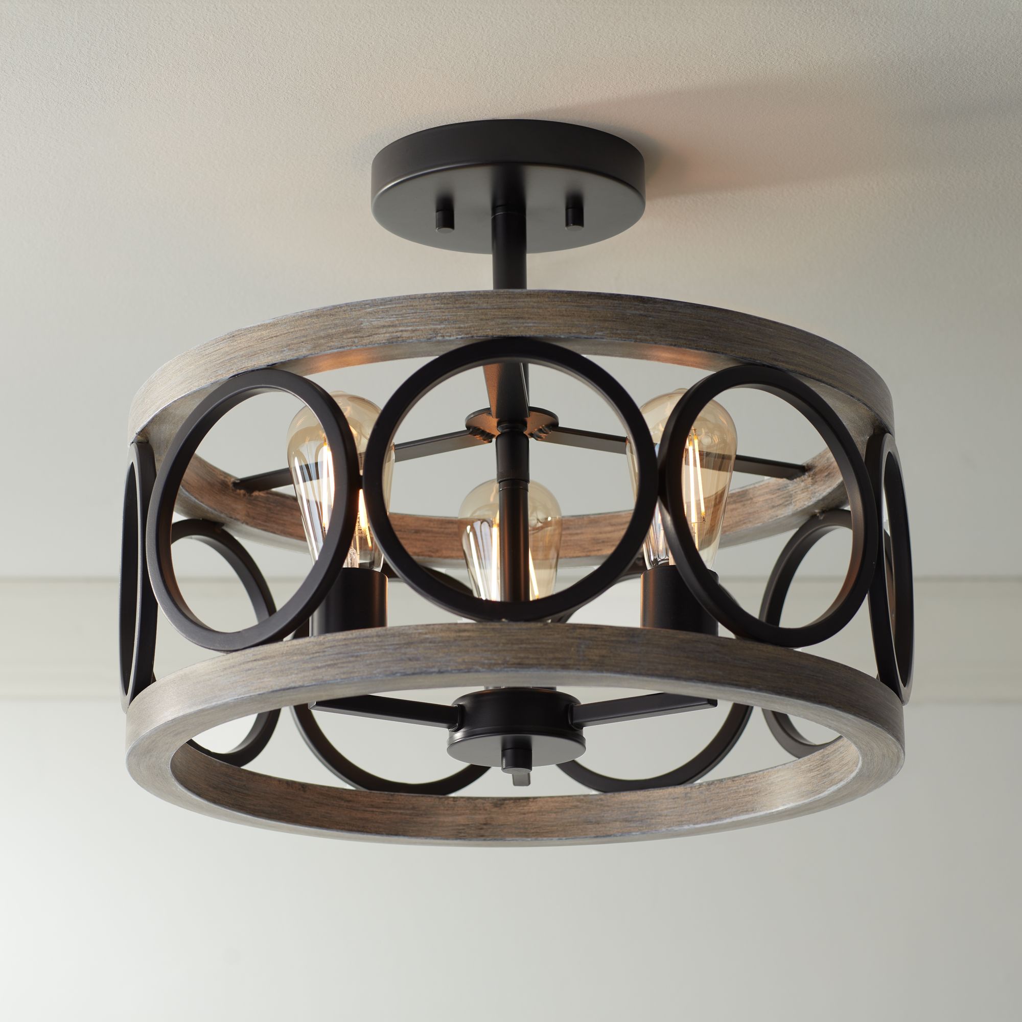Farmhouse Ceiling Light Semi Flush Mount Fixture Black Gray Wood