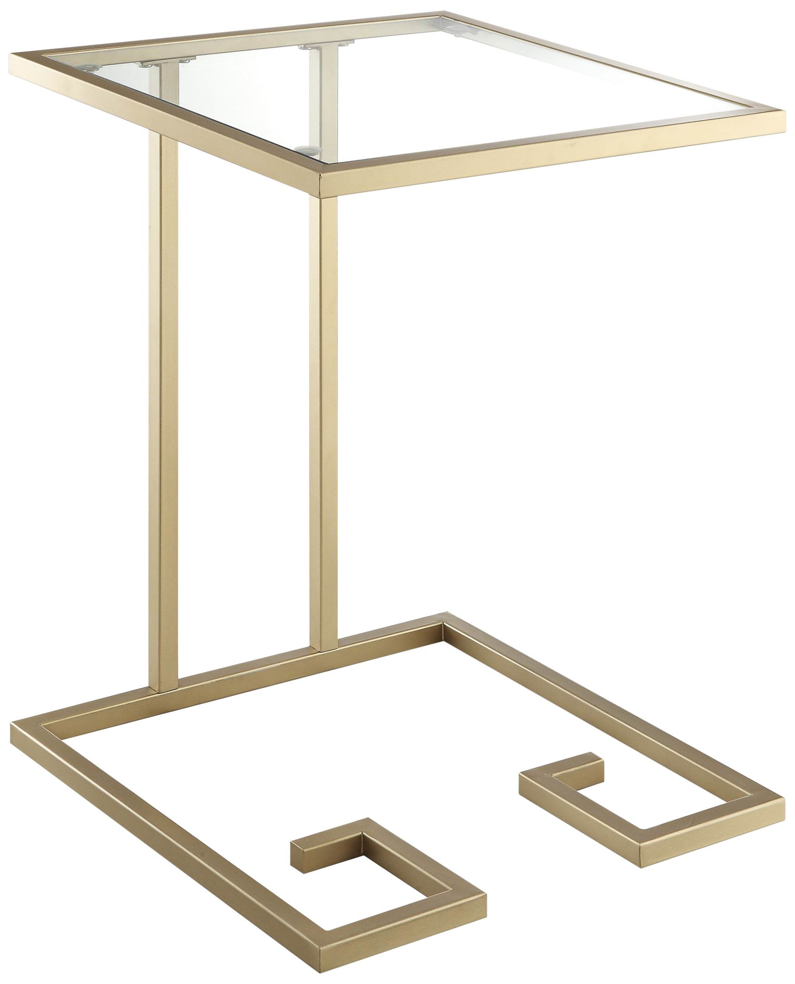 Greek Key Glass Top and Antique Gold C-Shaped Side Table