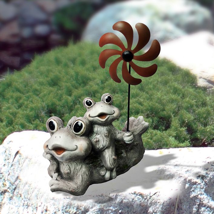 Two Frogs with a Wind Spinner 19" High Stone Garden Statue