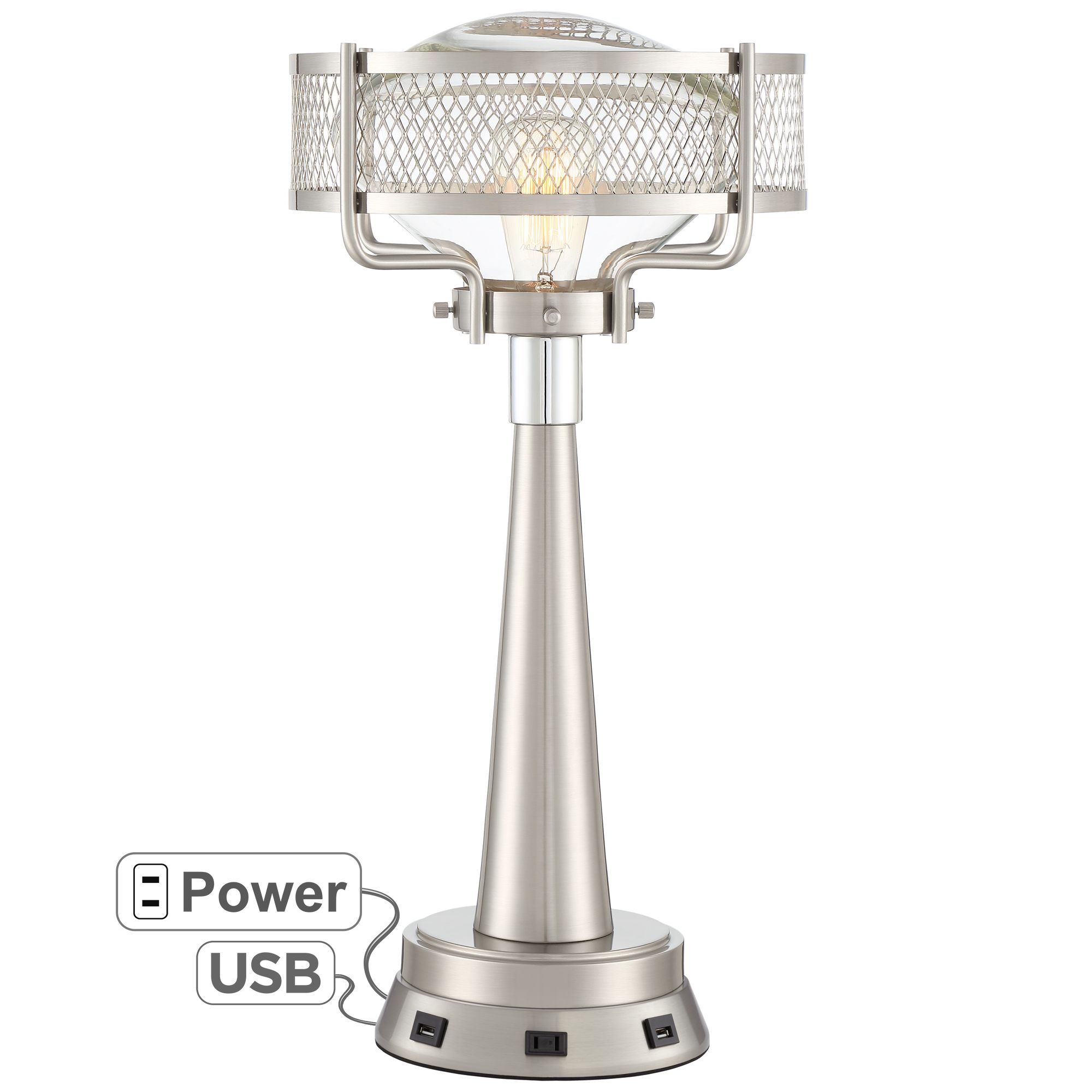 Travis Brushed Nickel Modern Table Lamp with USB Workstation Base
