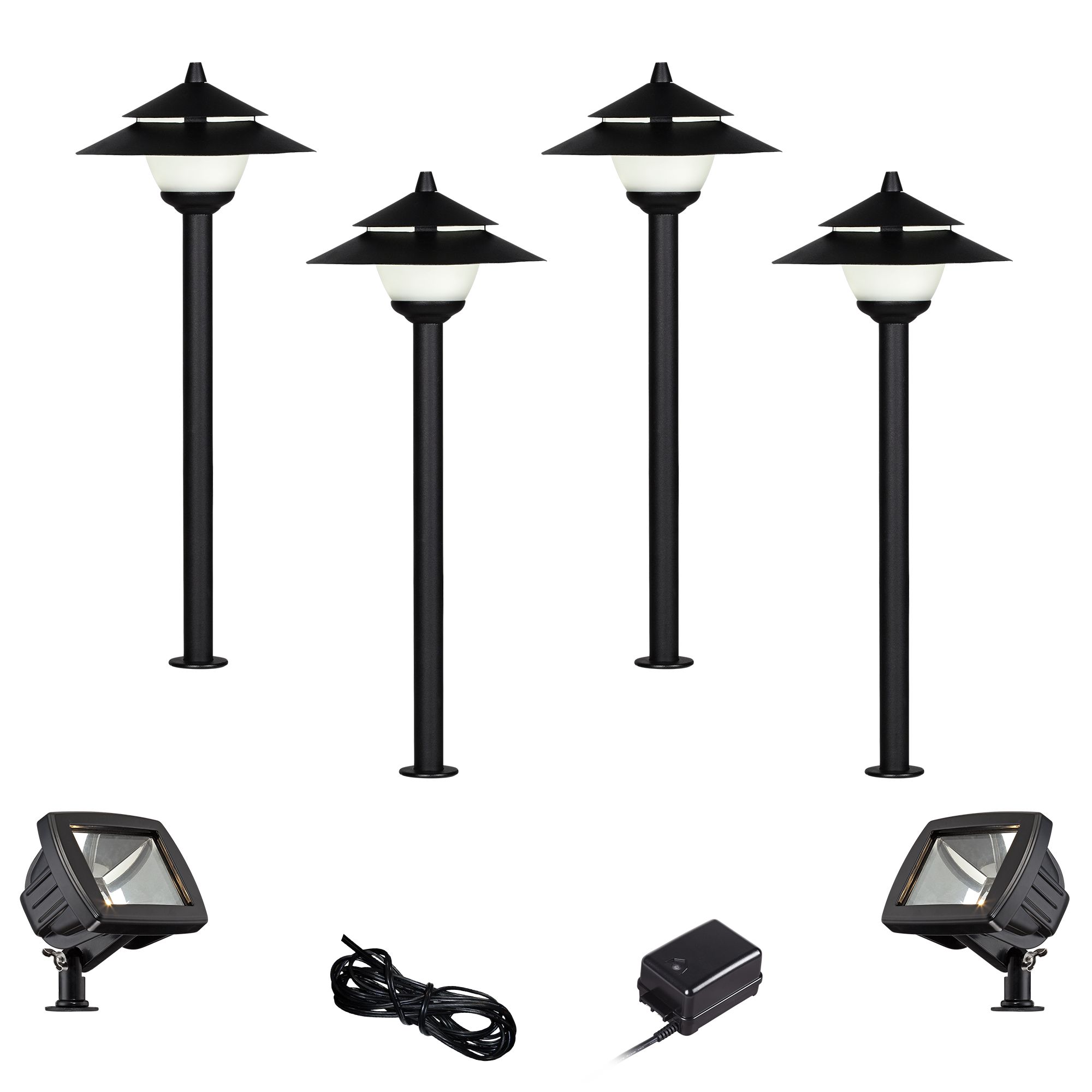 Pagoda Textured Black 8-Piece LED Path and Flood Light Set
