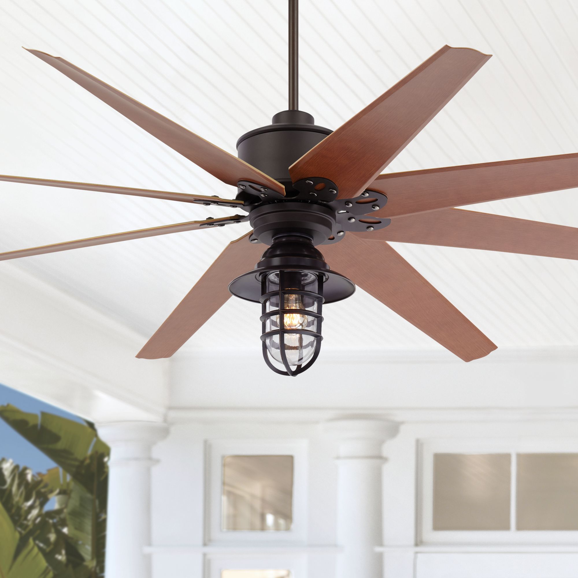 72" Outdoor Ceiling Fan with Caged Light LED Remote Bronze Damp Patio
