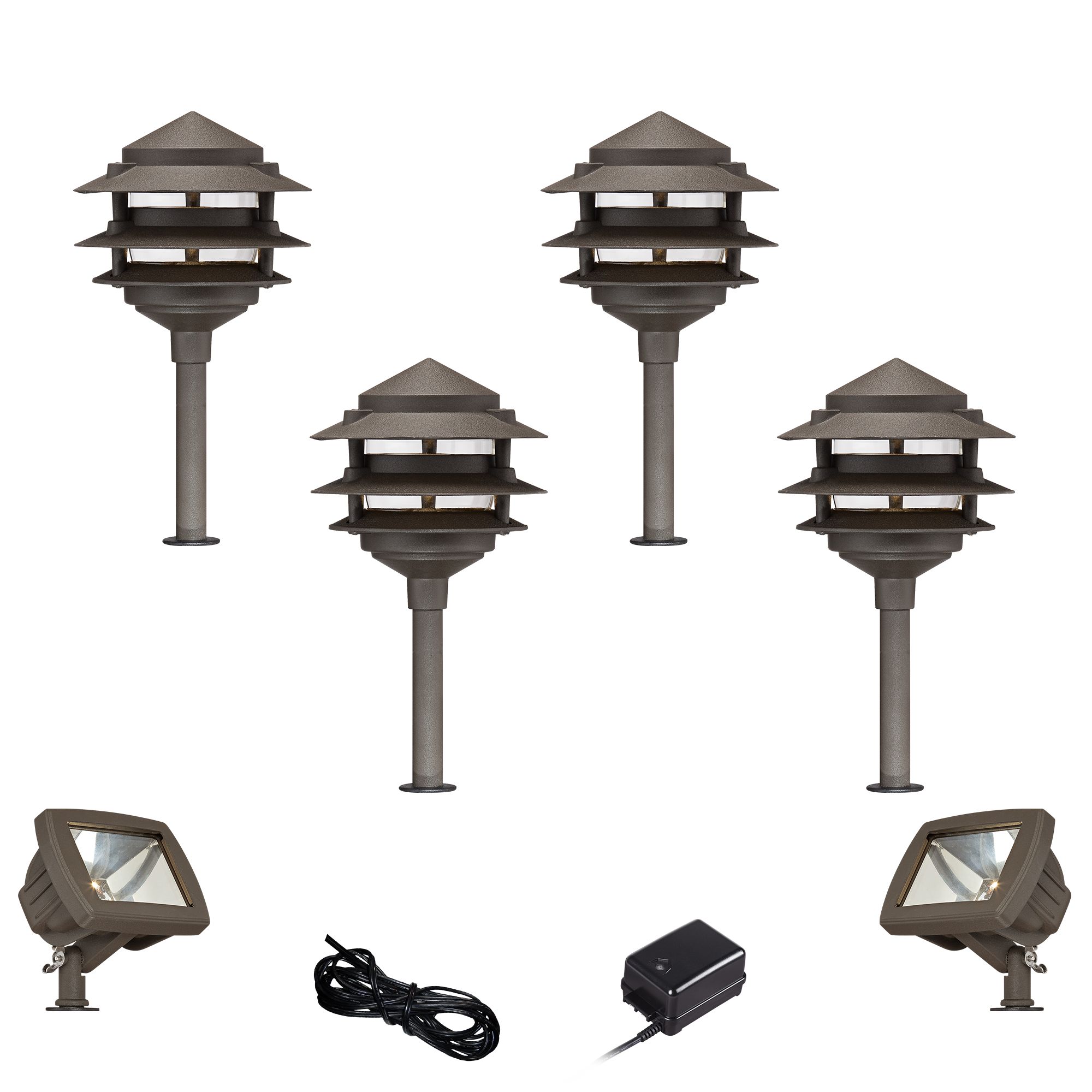 Pagoda Bronze 8-Piece LED Landscape Path and Flood Light Set