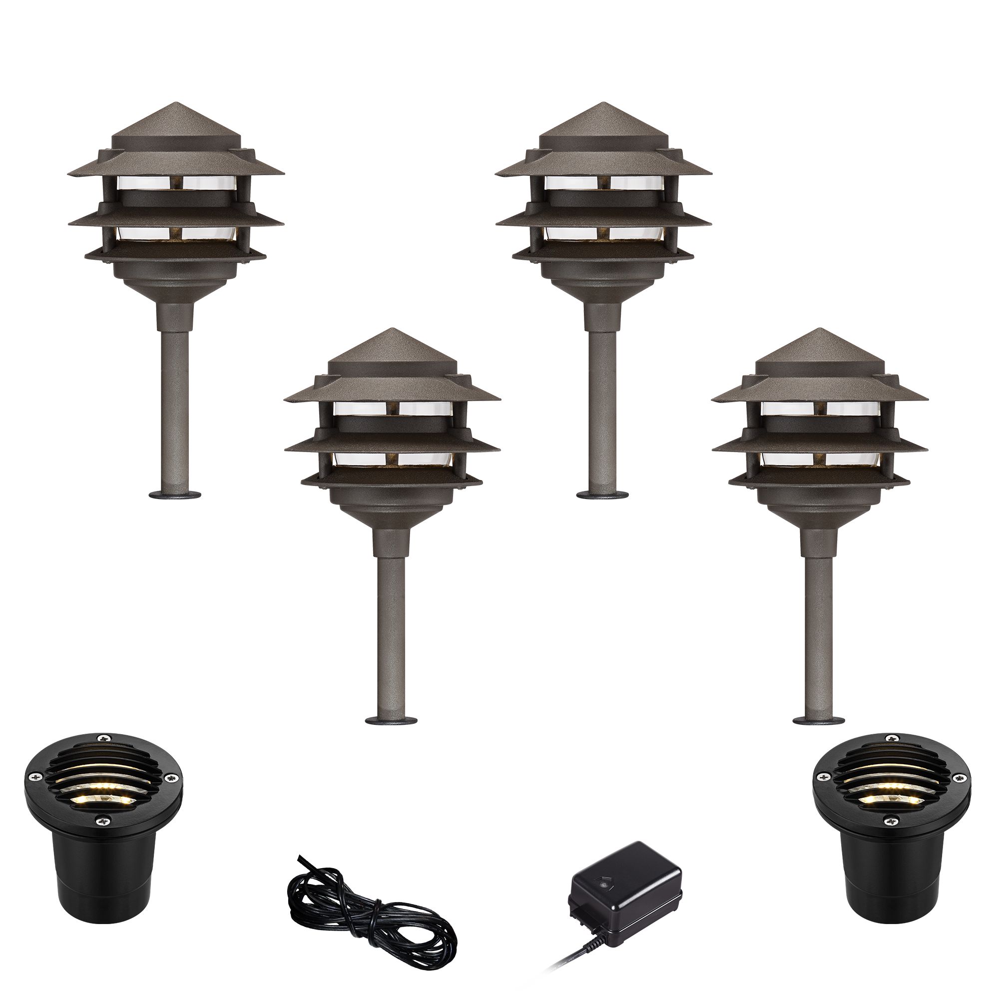 Pagoda Bronze 8-Piece LED Landscape Path and Well Light Set
