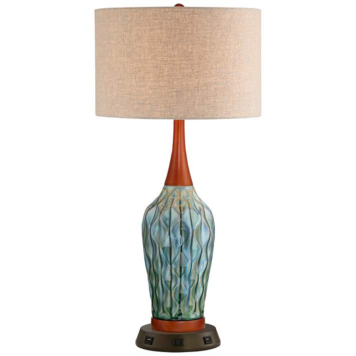 Rocco Blue Ceramic Table Lamp With Usb, Narrow Base Table Lamp