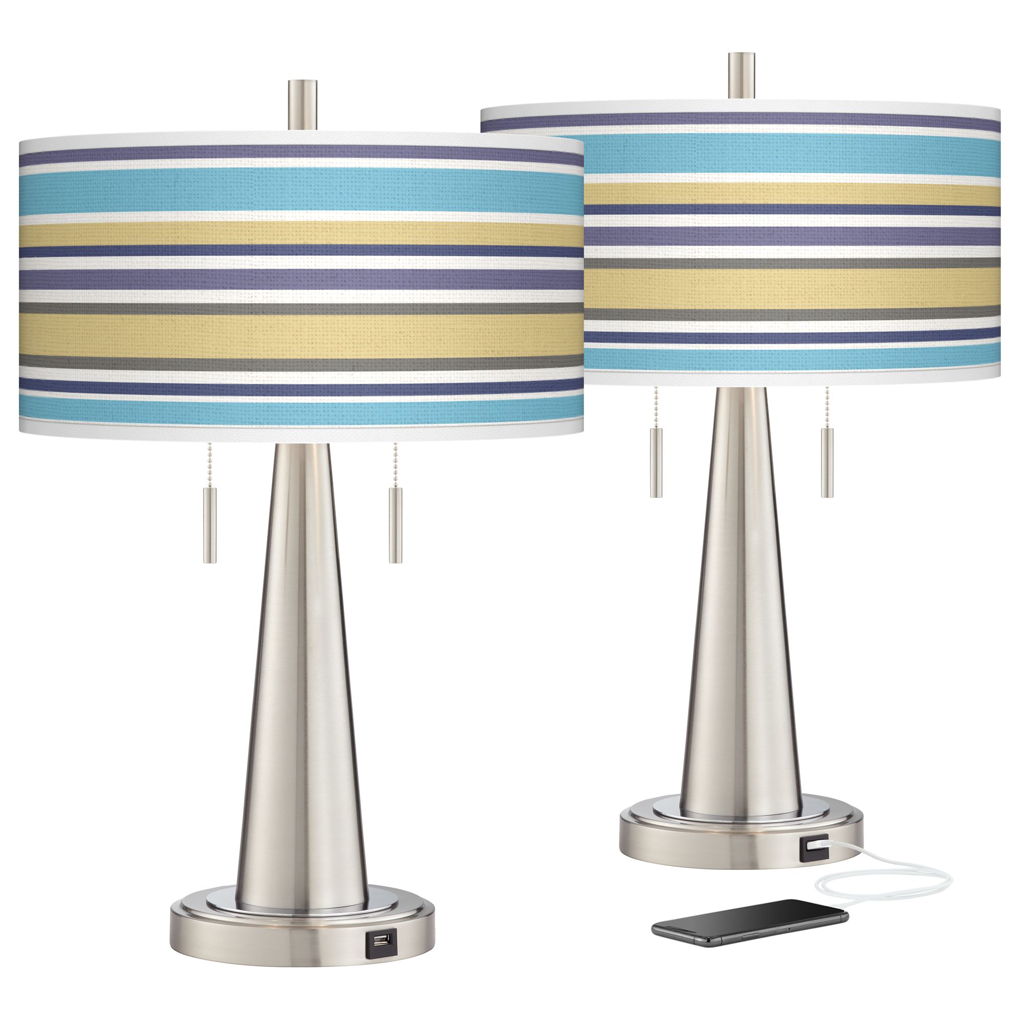 Laguna Stripes Vicki Brushed Nickel USB Table Lamps Set of 2