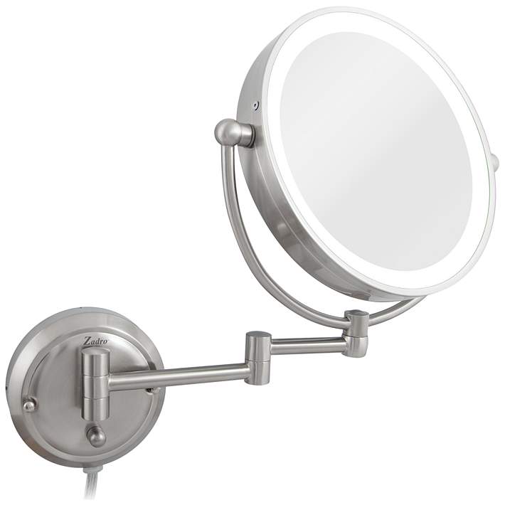 Glamour Satin Nickel Round Lighted, Plug In Lighted Bathroom Mirror