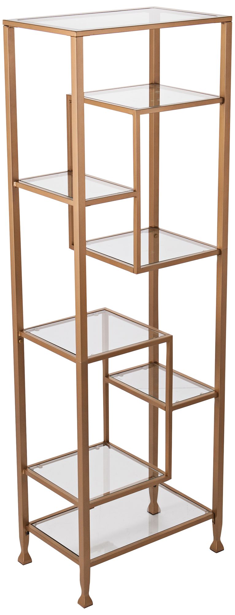 Jaymes 68 High Glass And Gold Asymmetrical 7 Shelf Etagere