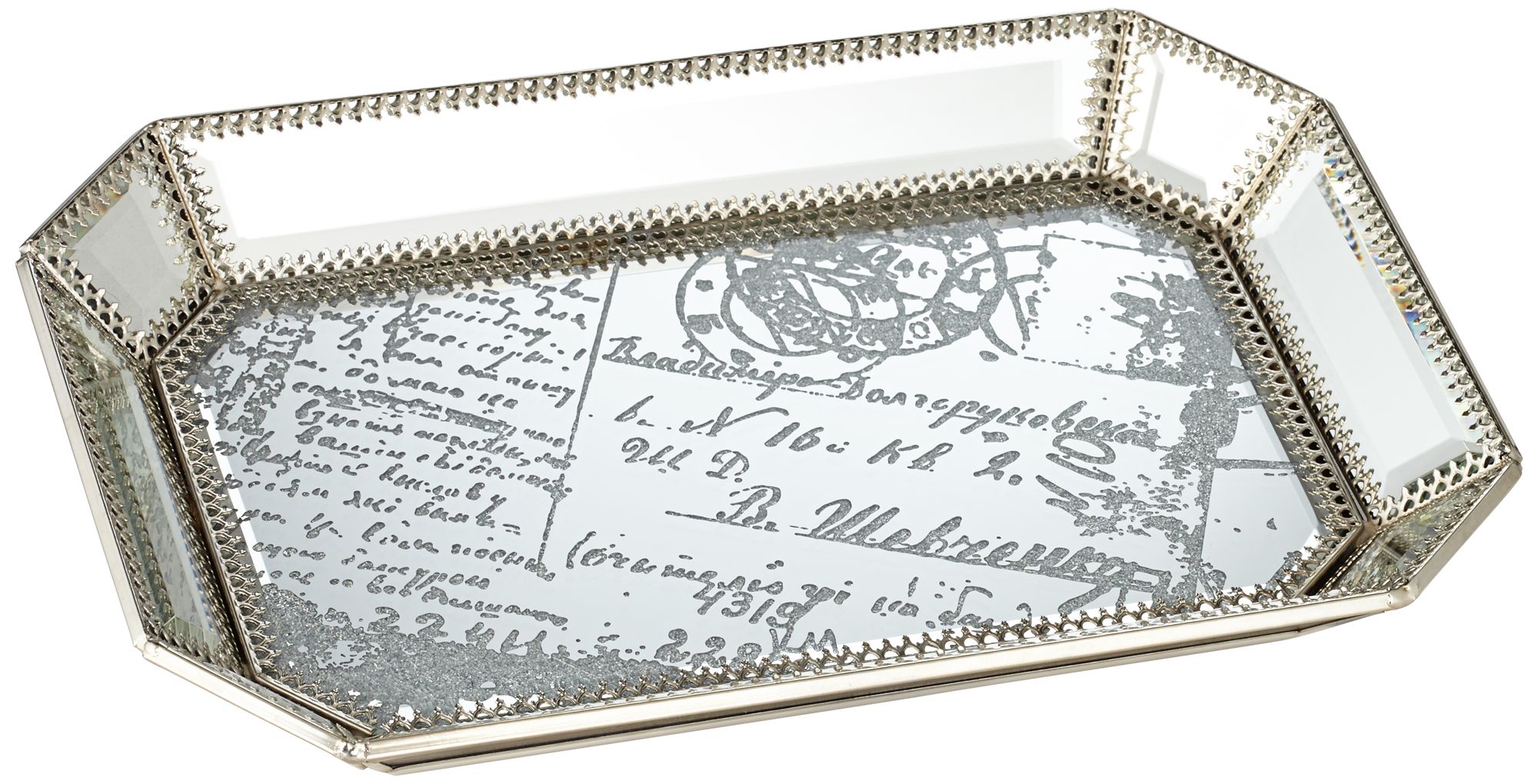 Les Cartes 12" Wide Vintage Silver Script Mirrored Tray