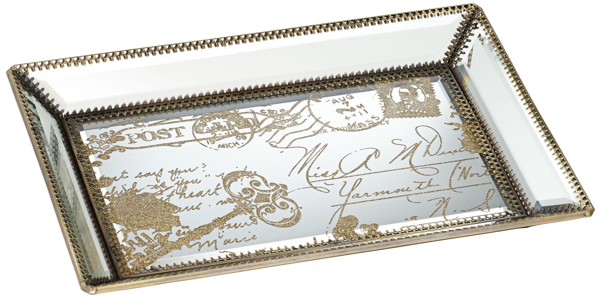 Les Cartes 12" Wide Vintage Gold Script Mirrored Tray