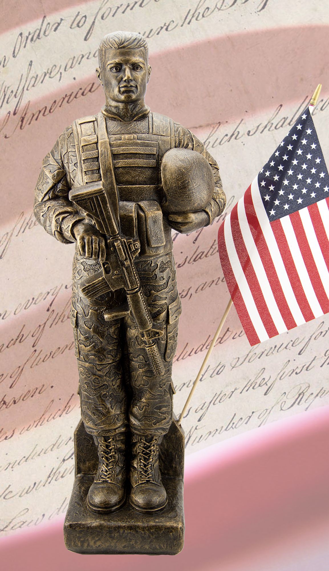 Camo Soldier 30" High Bronze Outdoor Statue with Flag