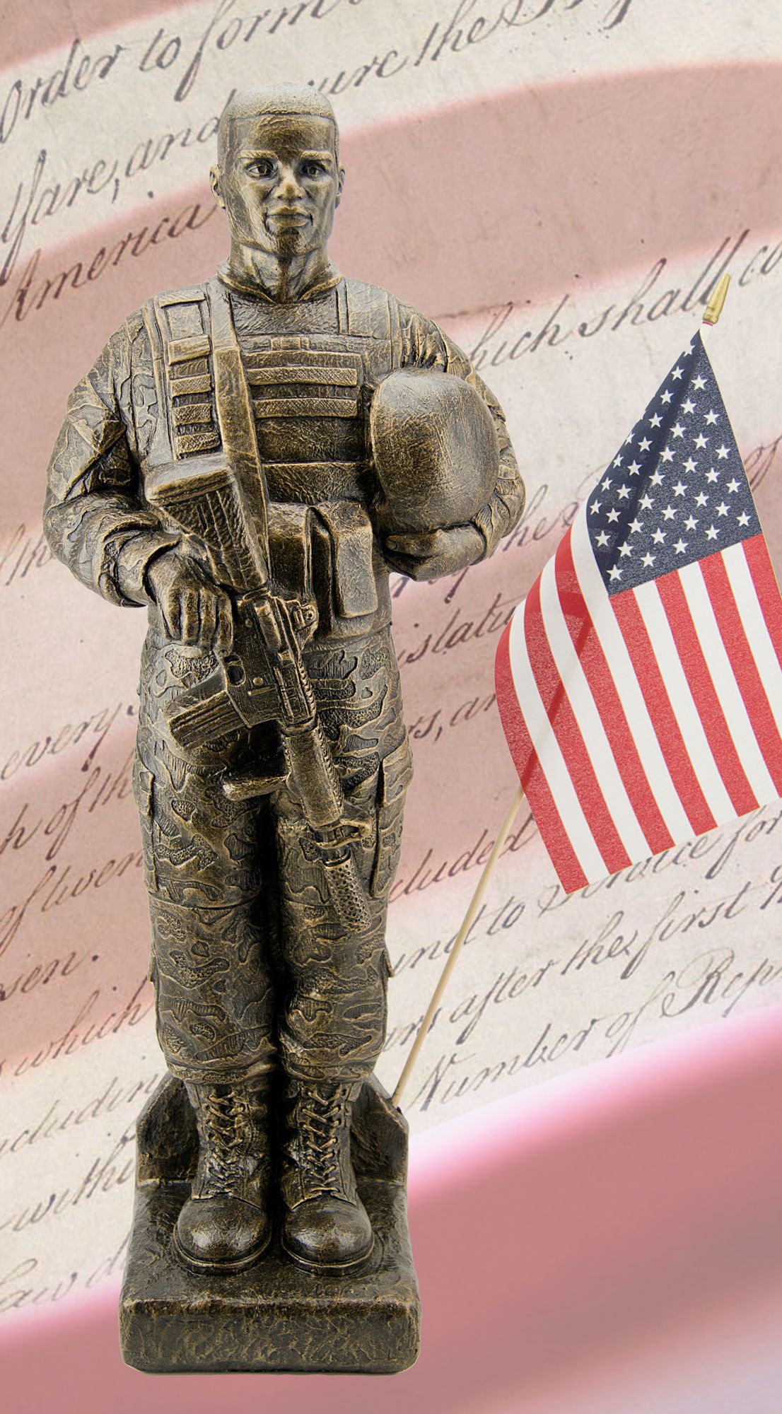 Camo Soldier - African American 30"H Bronze Statue with Flag