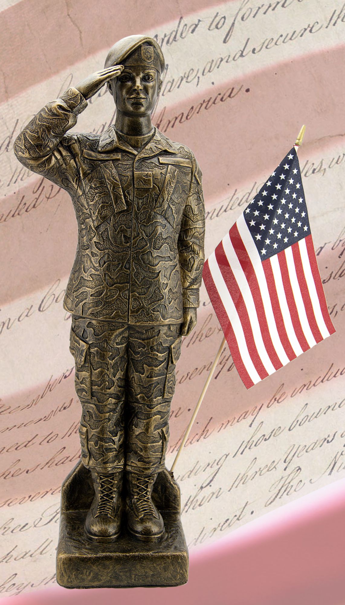 Henri Studio Camo Woman 30"H Bronze Outdoor Statue with Flag