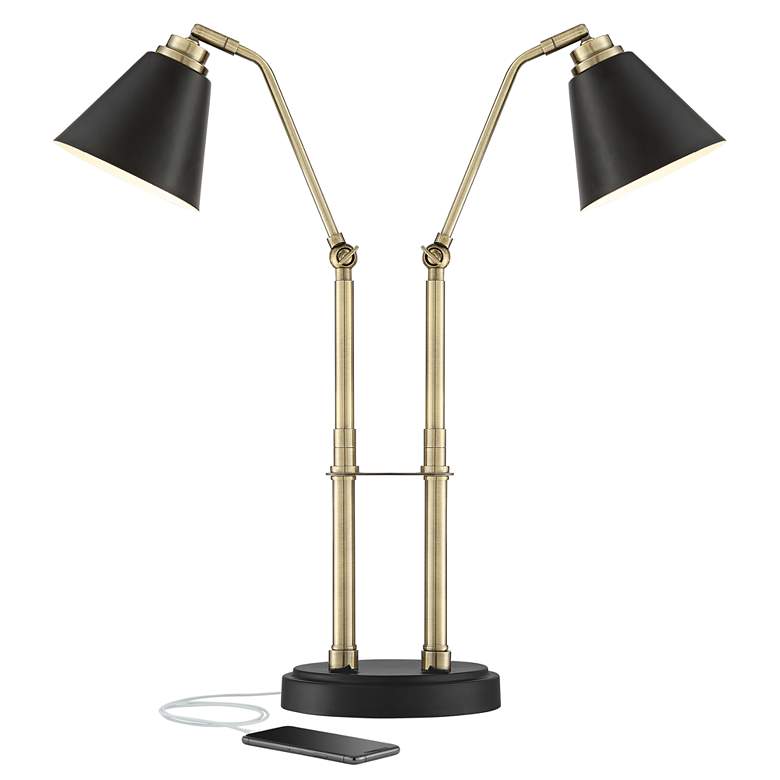 Image 2 Possini Euro Sentry Black and Antique Brass Desk Lamp with USB Port