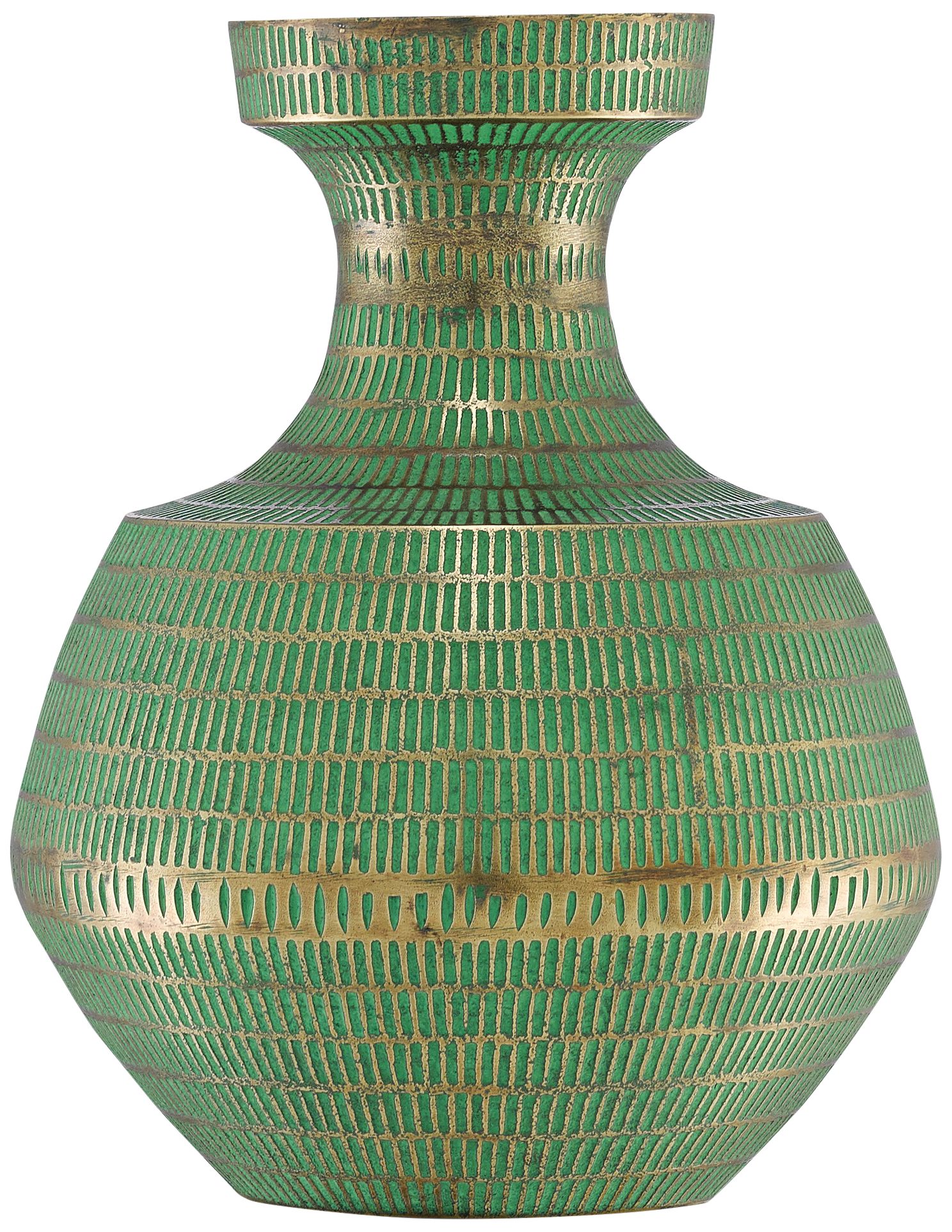 Nallan Antique Brass and Green 10" High Metal Vase