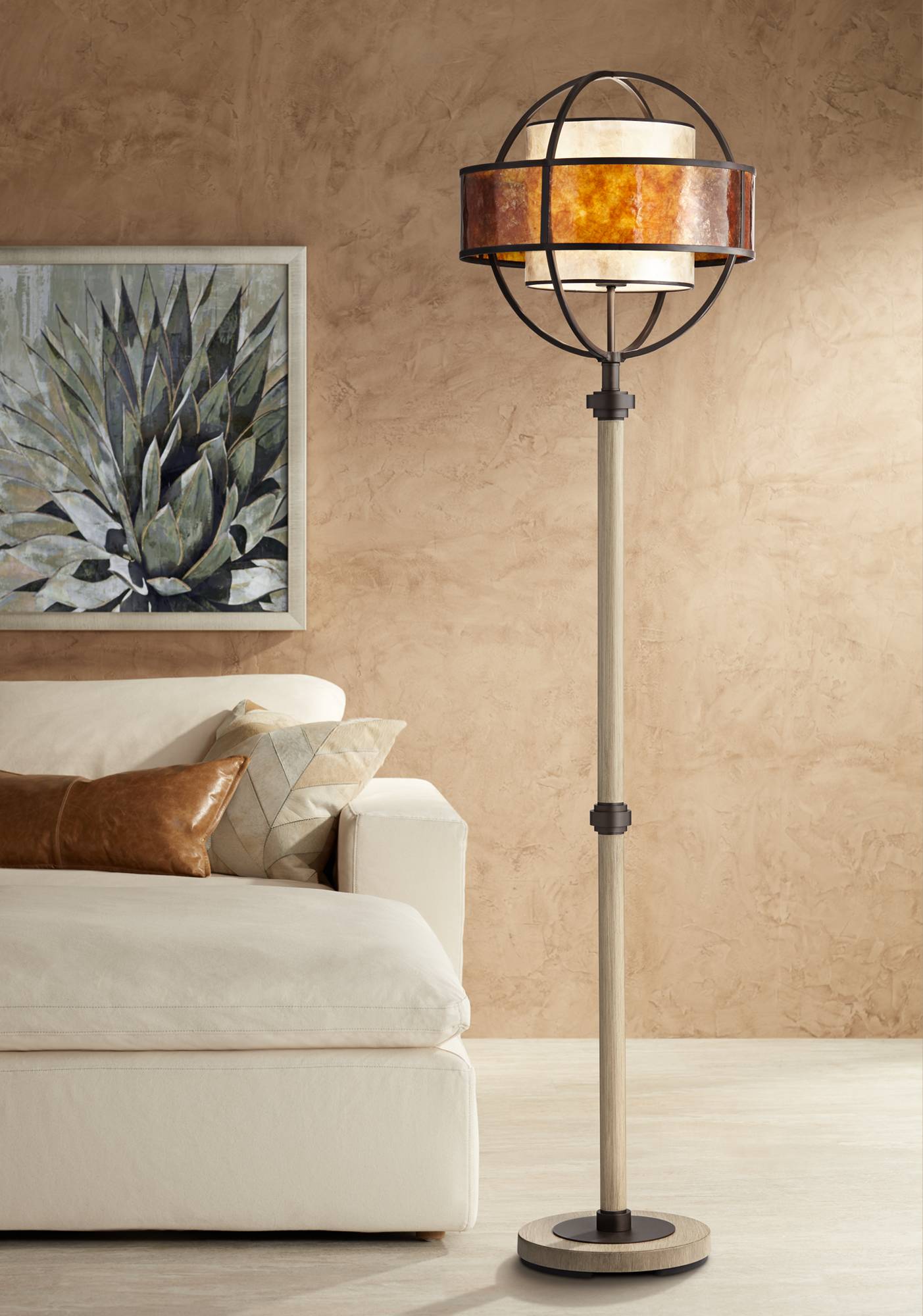 Rustic Mission Floor Lamp Light Wood Bronze Mica Shades for Living Room