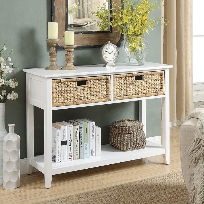 2 Drawer Wood Console Table, Long White Foyer Table