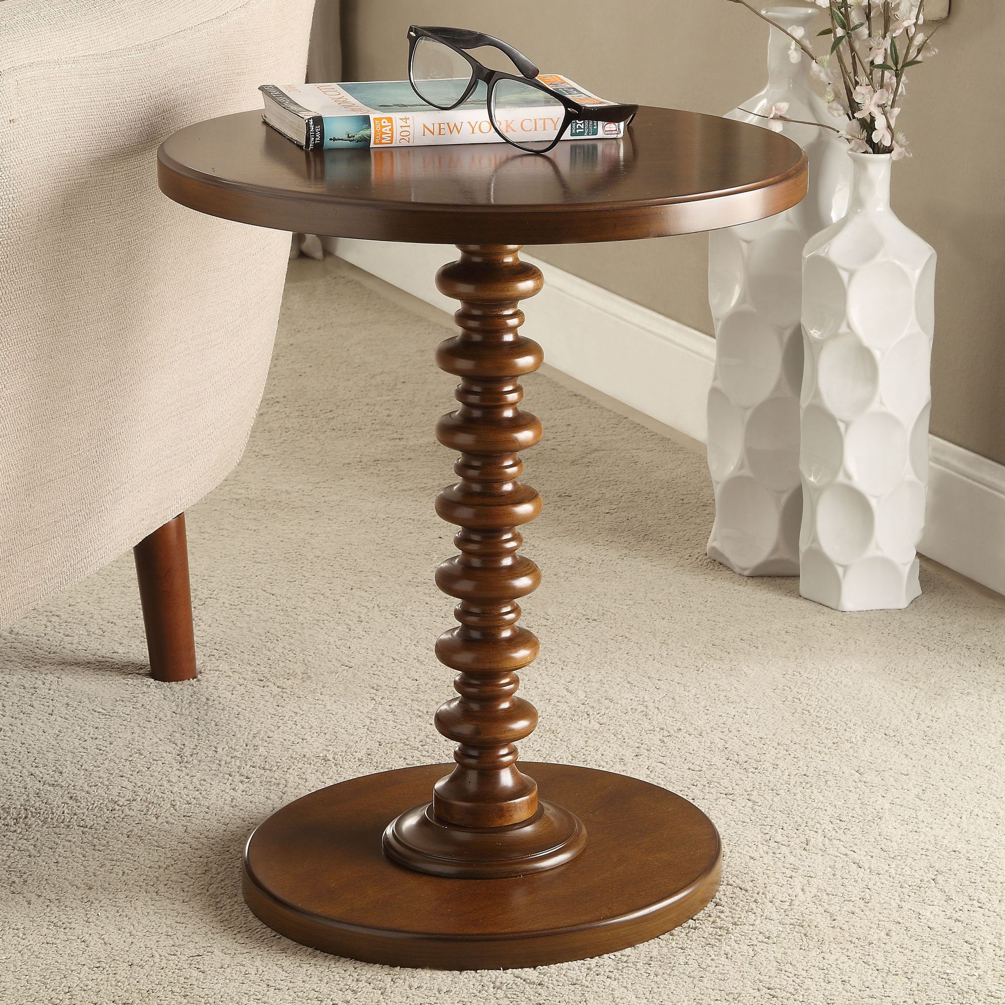 Acton 17 Wide Walnut Round Pedestal Wood Side Table 73C97 Lamps Plus   73c97