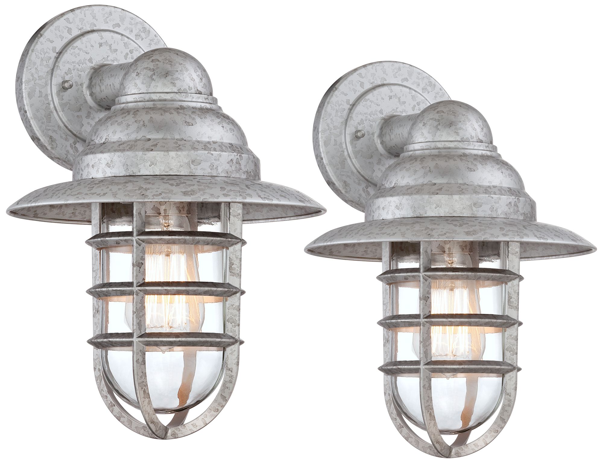 Marlowe Galvanized Hooded Cage Outdoor Wall Lights Set of 2