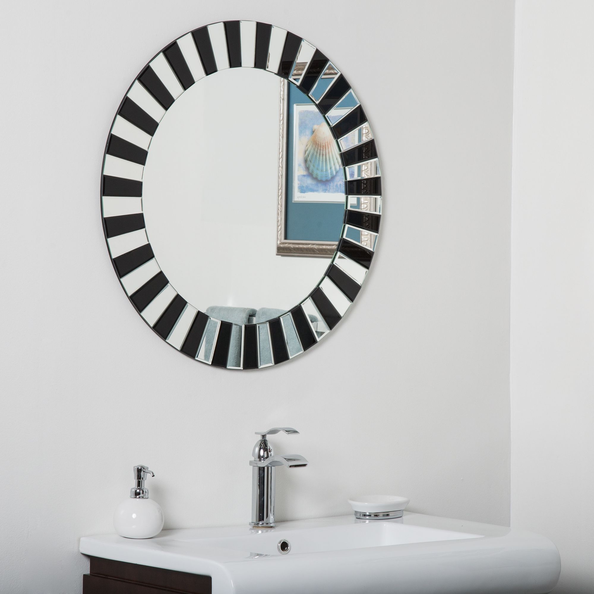 Tiara Black Glass 27 1/2" Round Frameless Bathroom Mirror