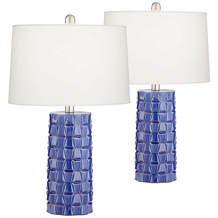 Rico Blue Ceramic Column Table Lamps, Ceramic Table Lamp Set Of 2