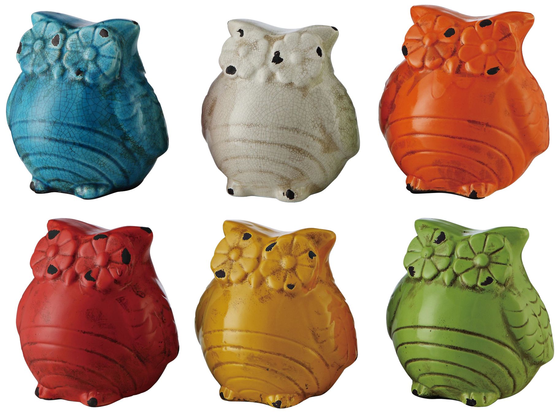 Antique Style 6" High Ceramic Owl Figurines - Set of 6