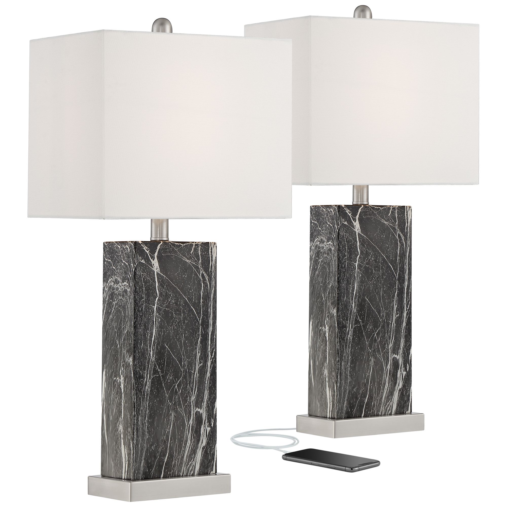 Connie Black Faux Marble USB Table Lamps Set of 2 75E83 Lamps Plus