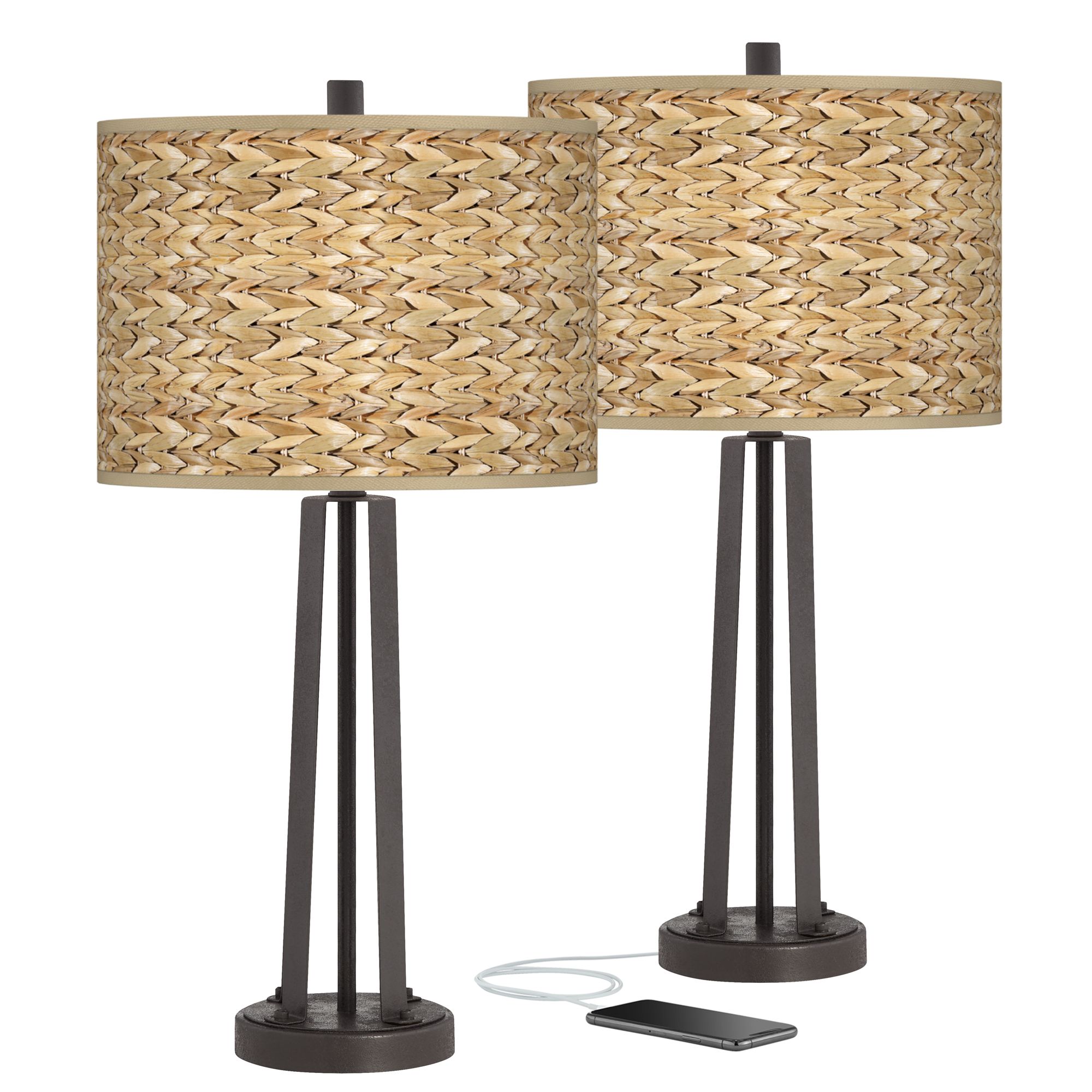 Seagrass Print Susan Dark Bronze USB Table Lamps Set of 2