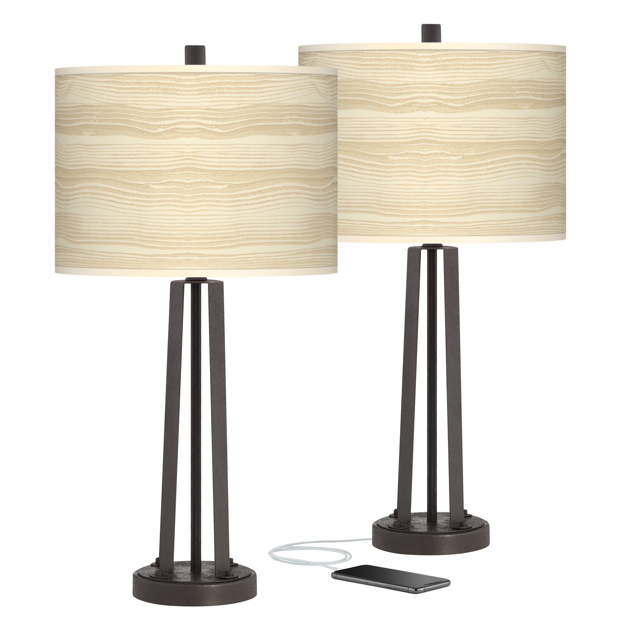 Birch Blonde Susan Dark Bronze USB Table Lamps Set of 2
