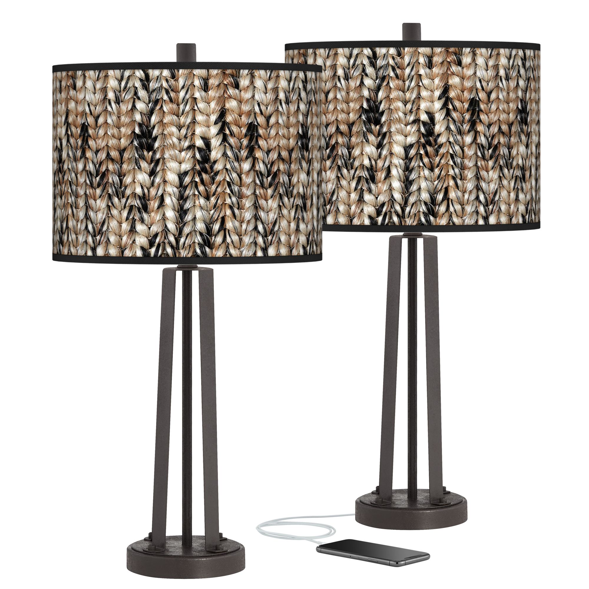 Braided Jute Susan Dark Bronze USB Table Lamps Set of 2