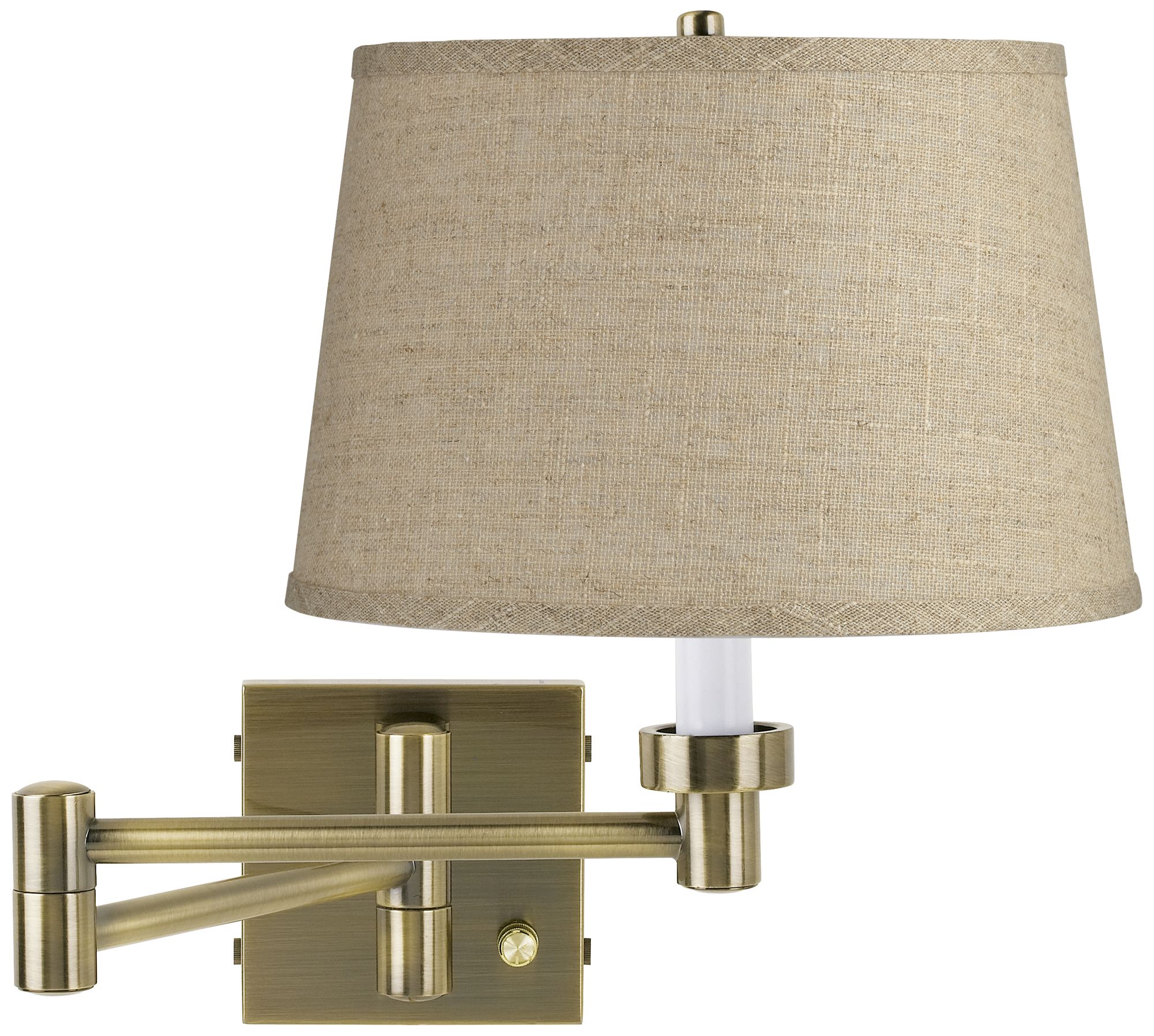 Burlap Drum Shade Antique Brass Plug-In Swing Arm Wall Lamp