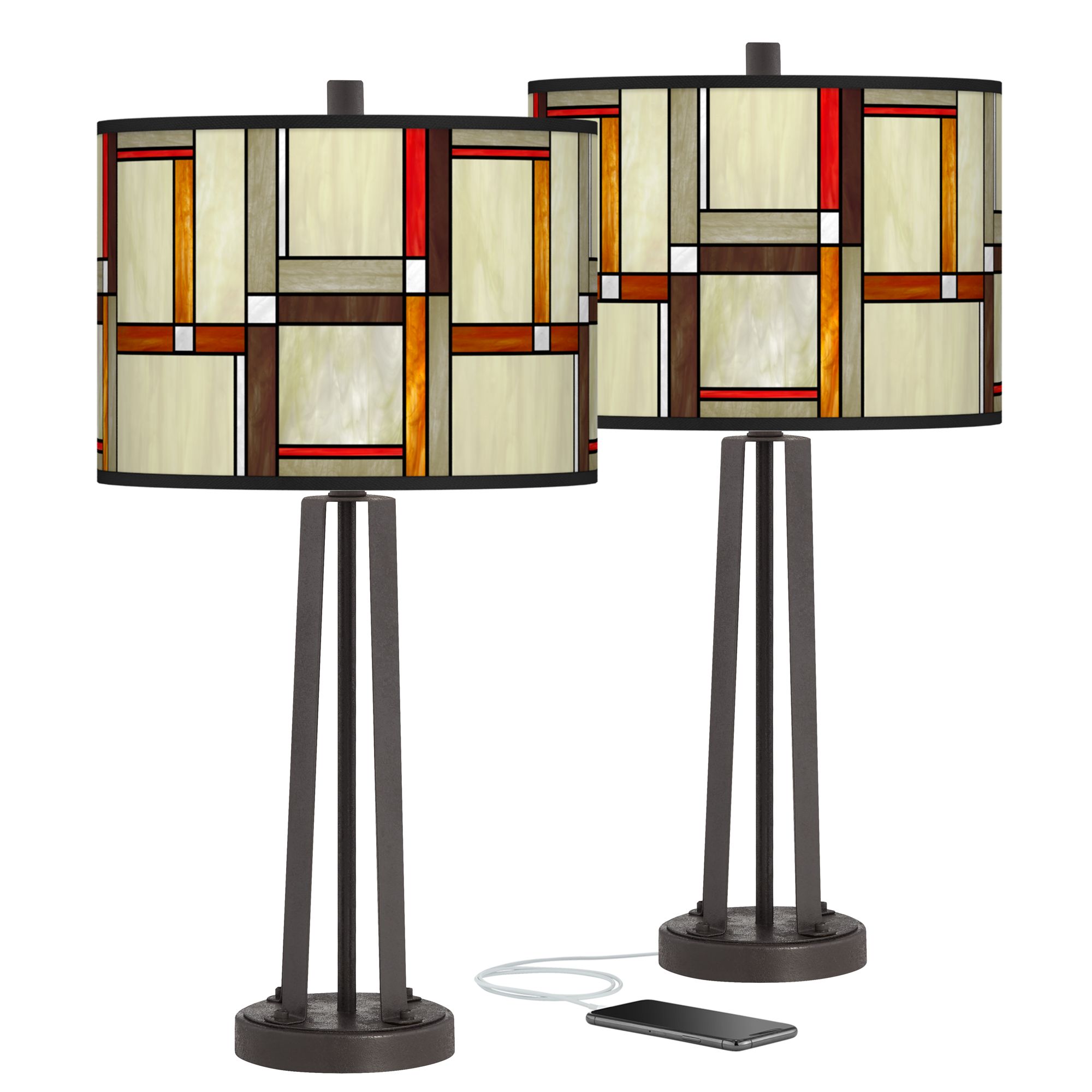 Modern Squares Susan Dark Bronze USB Table Lamps Set of 2