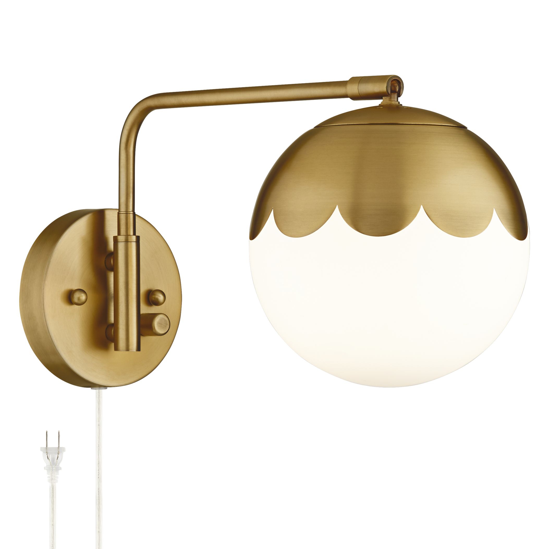 Kelowna Antique Brass and Glass Globe Swing Arm PlugIn Wall Lamp