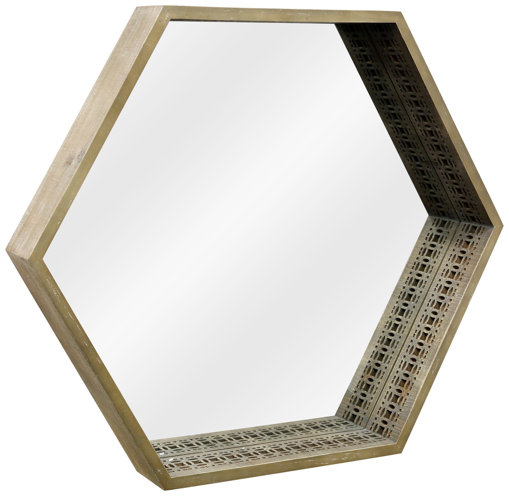 Vintage Wooden Framed 31 1/2" x 27 Hexagon Wall Mirror