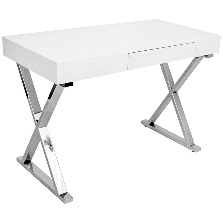 Luster 43 1/4&quot; Wide Glossy White and Chrome Modern Desk