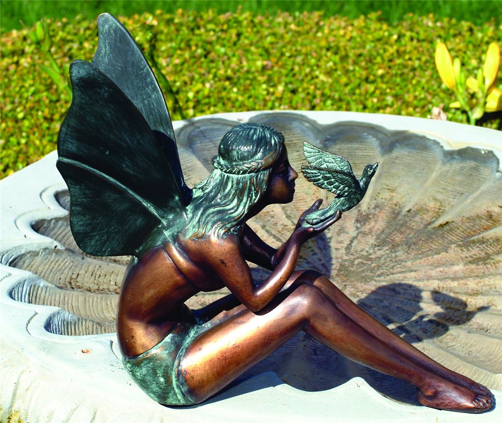 Bird Fairy Bronze 11" High Cast Brass Outdoor Statue