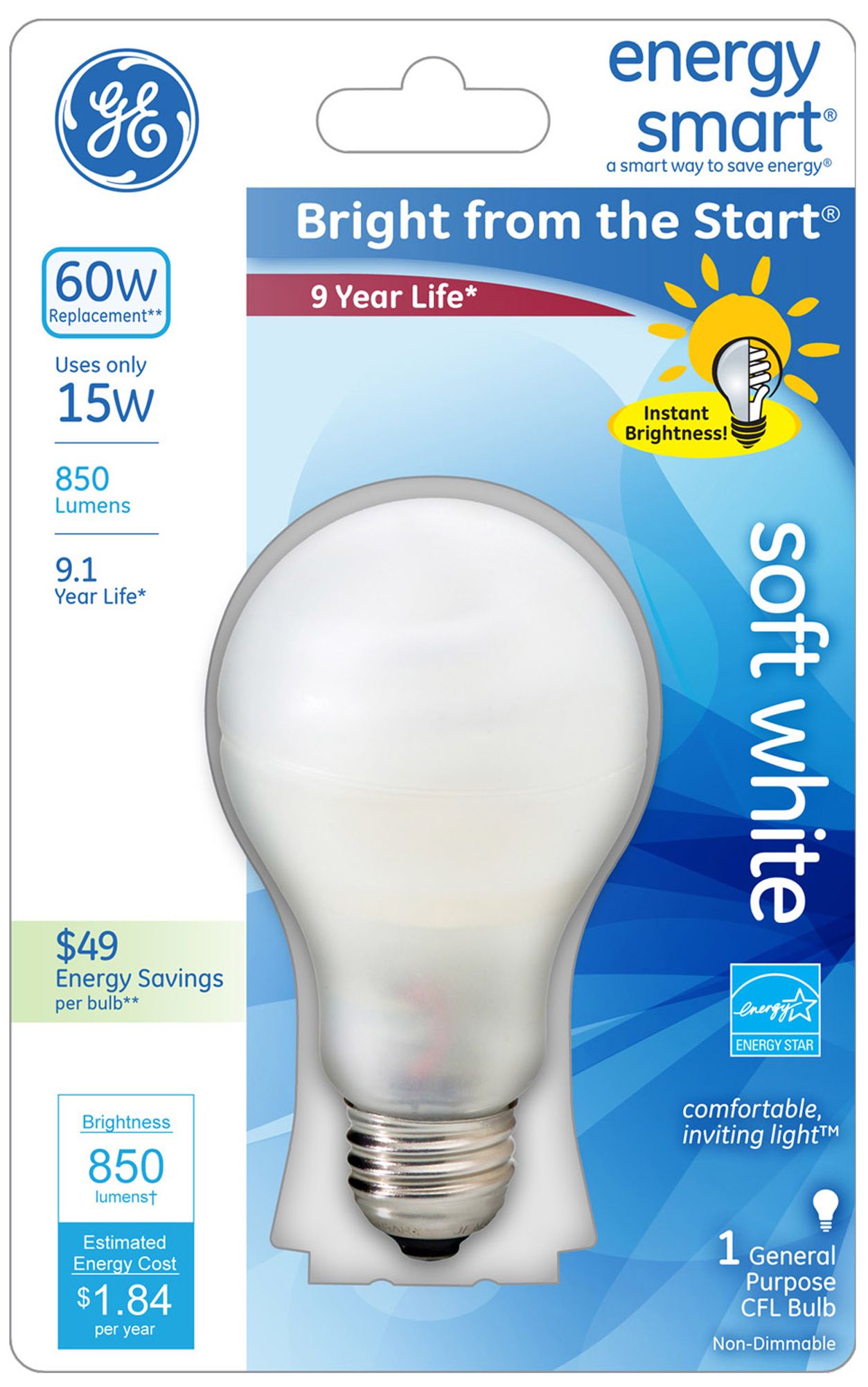 Soft White 15 Watt Hybrid CFL - Halogen A19 GE Light Bulb