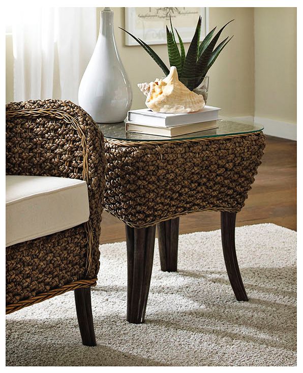 Sanibel 22" Wide Glass and Rattan Tropical End Table