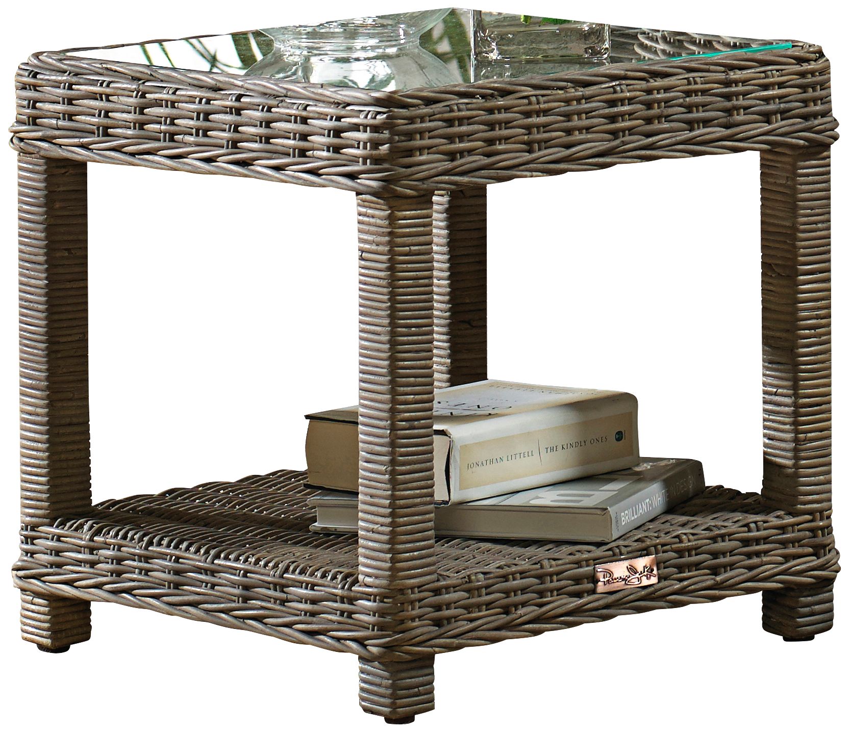 Exuma 20" Wide Glass-Top Kubu Gray Wicker End Table