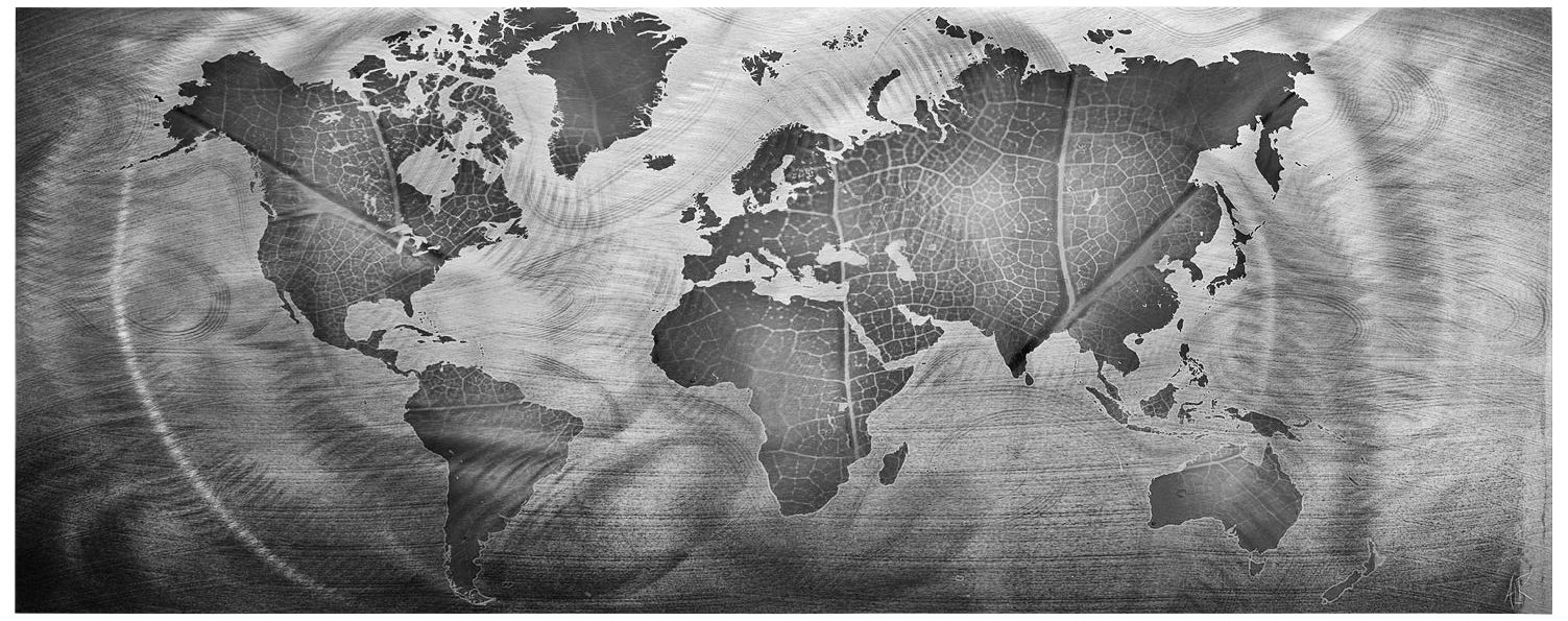 Monochrome Land and Sea 48" Wide World Map Metal Wall Art