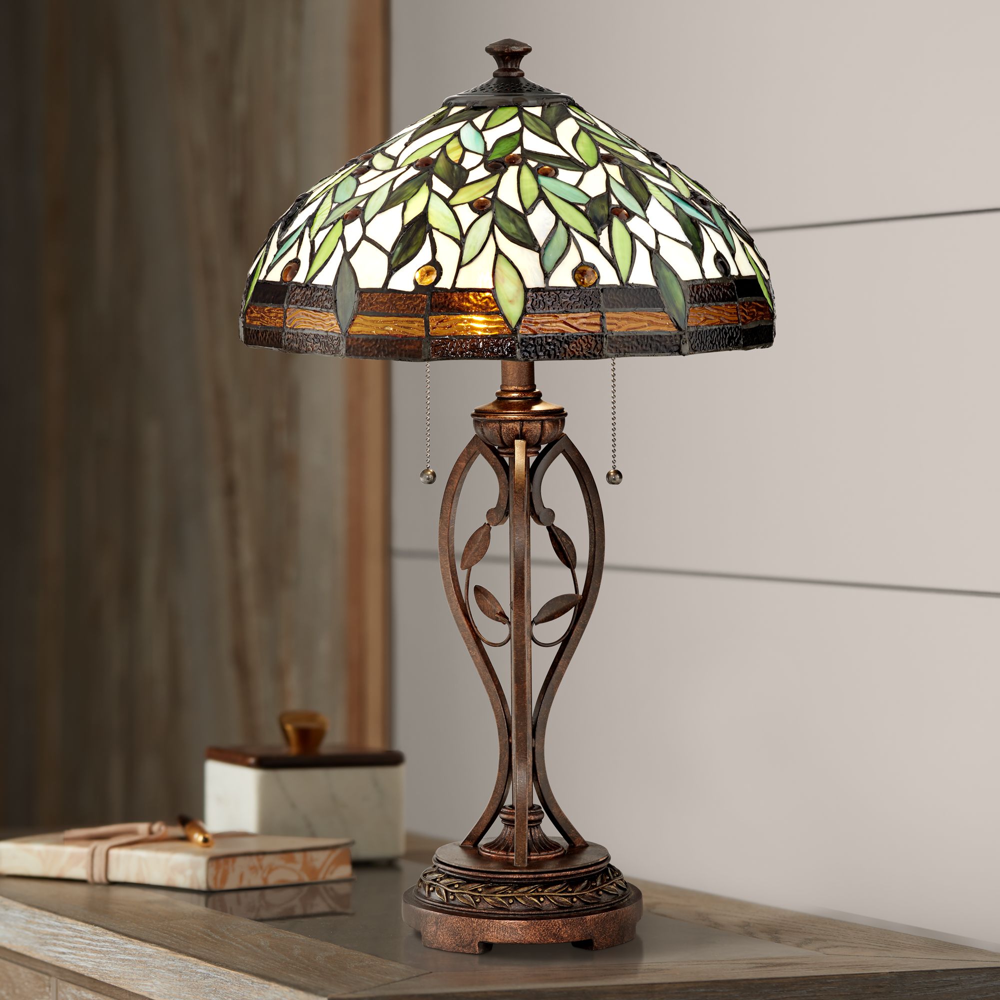 Tiffany Style Table Lamp Traditional Bronze Leaf And Vine Glass For ...