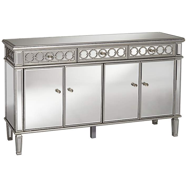 Elizabeth 60 Wide 4 Door Silver, Mirrored 3 Drawer And 4 Door Console Table Silver Grey