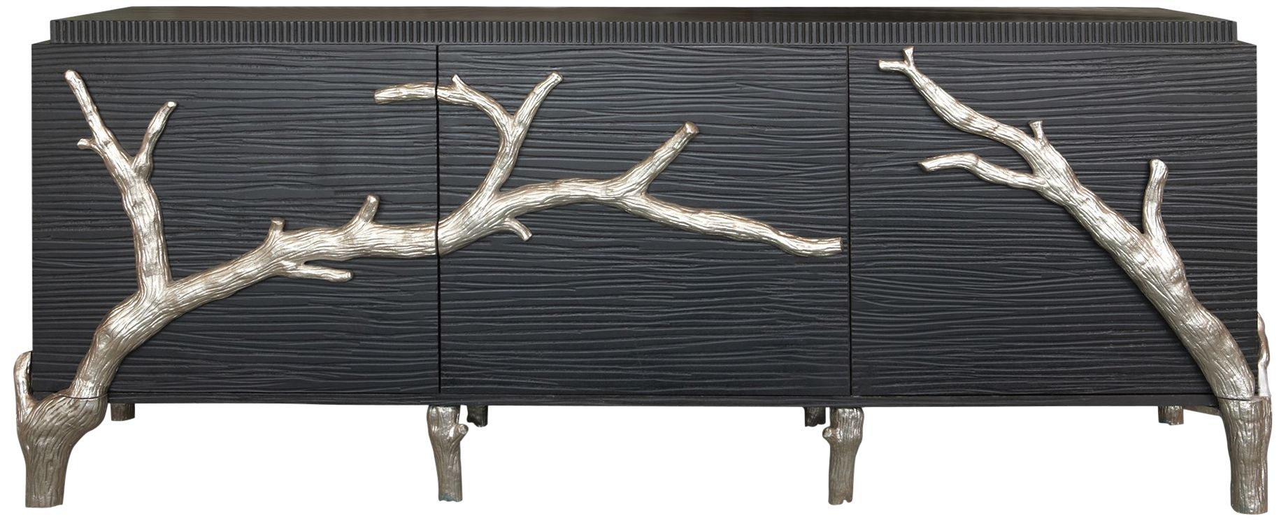 Global Views Branch 87" Wide Black Wood 3-Door Media Cabinet