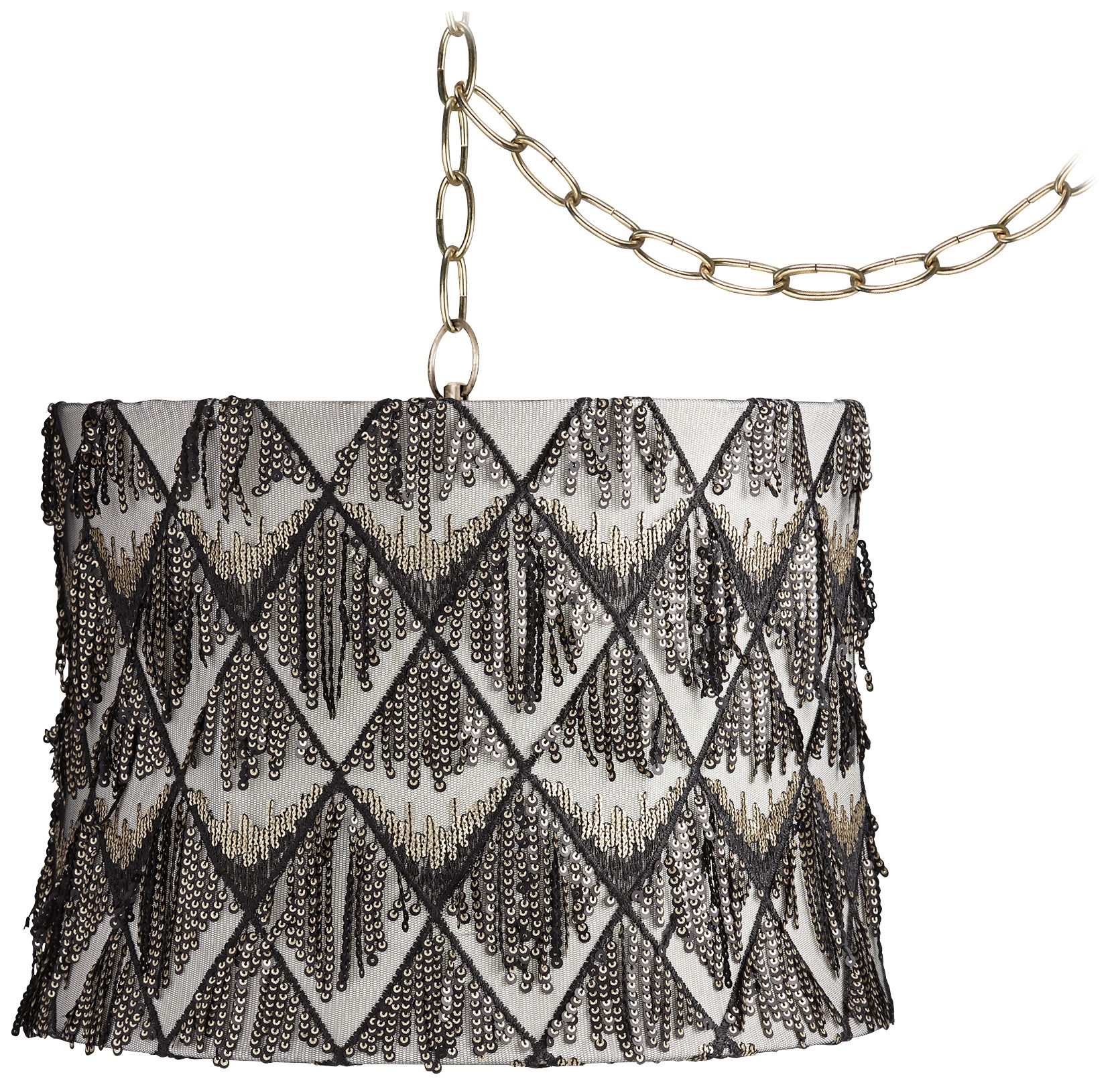 Sequined 14" Wide Antique Brass Plug-In Swag Chandelier