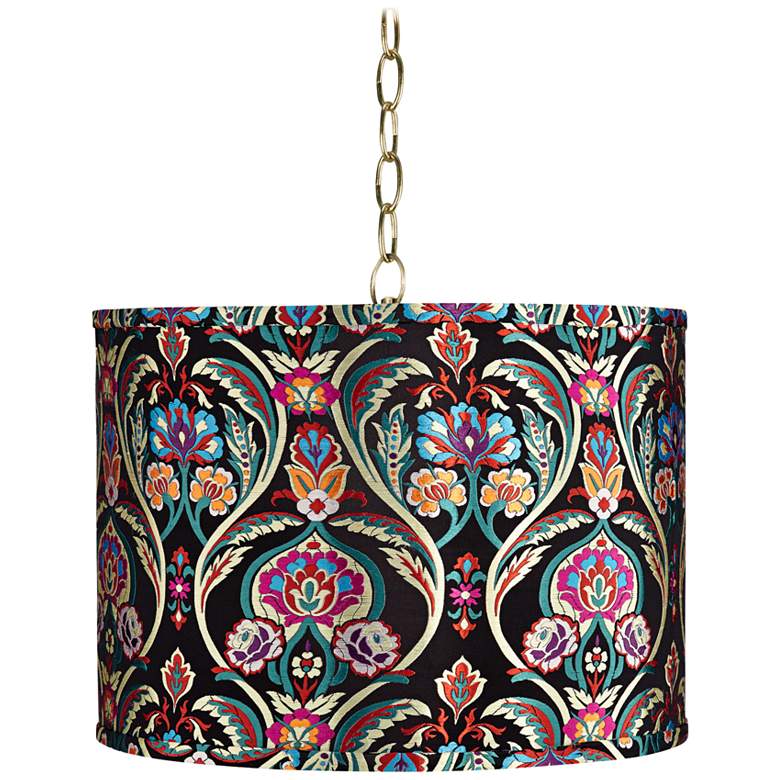 Multi-Color Embroidery 15&quot; Wide Antique Brass Pendant Light