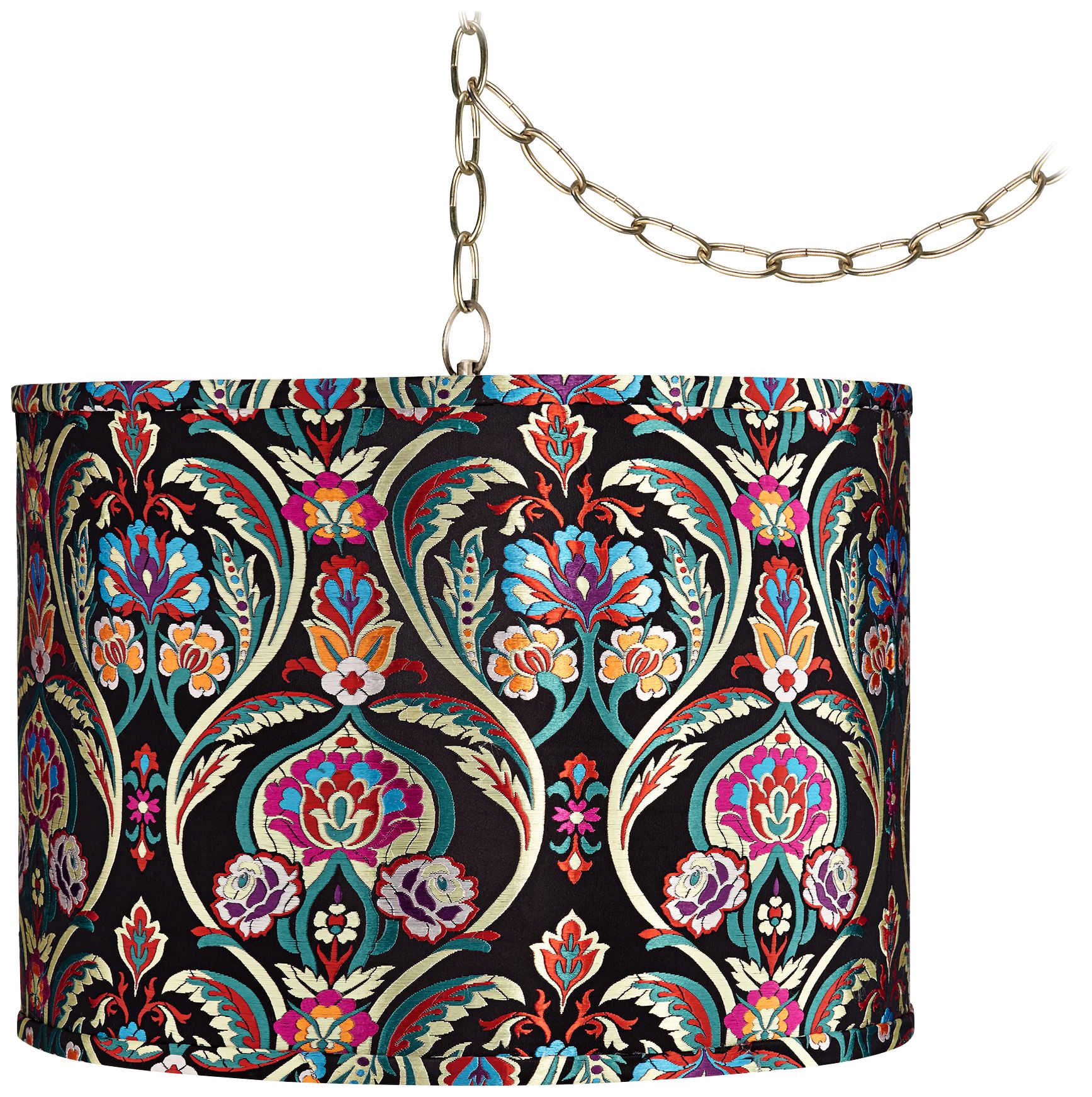 Color Embroidery 15" Wide Antique Brass Plug-In Swag Chandelier