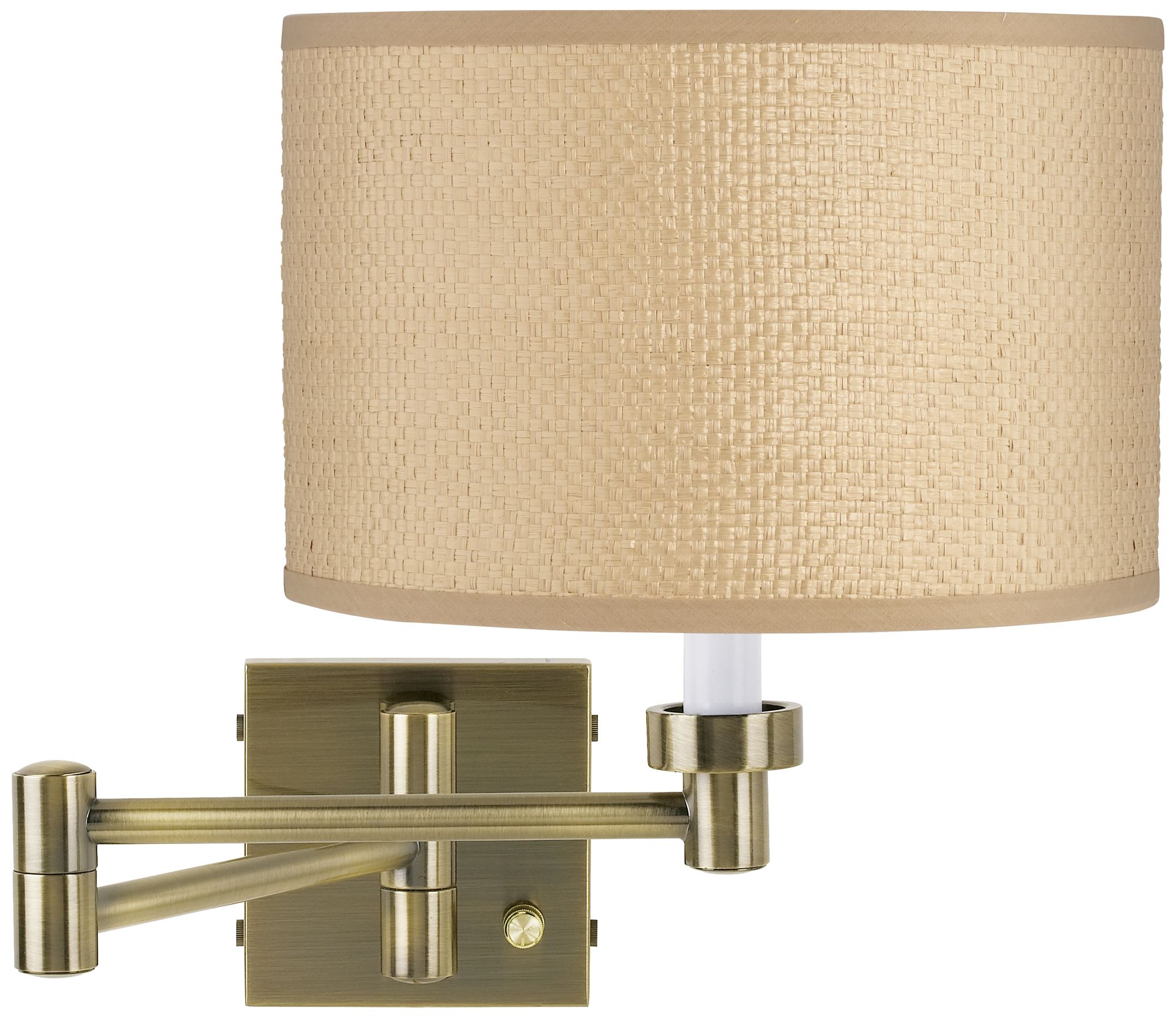 Yellow Raffia Shade Antique Brass Plug-In Swing Arm Wall Lamp