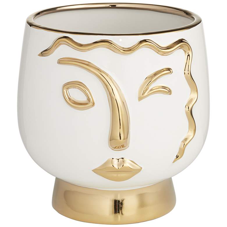 Modern Face Wink 8&quot; High Gold and White Ceramic Vase